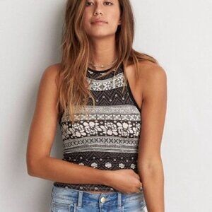 American Eagle AEO Black & White Floral Printed Halter Tank Top L